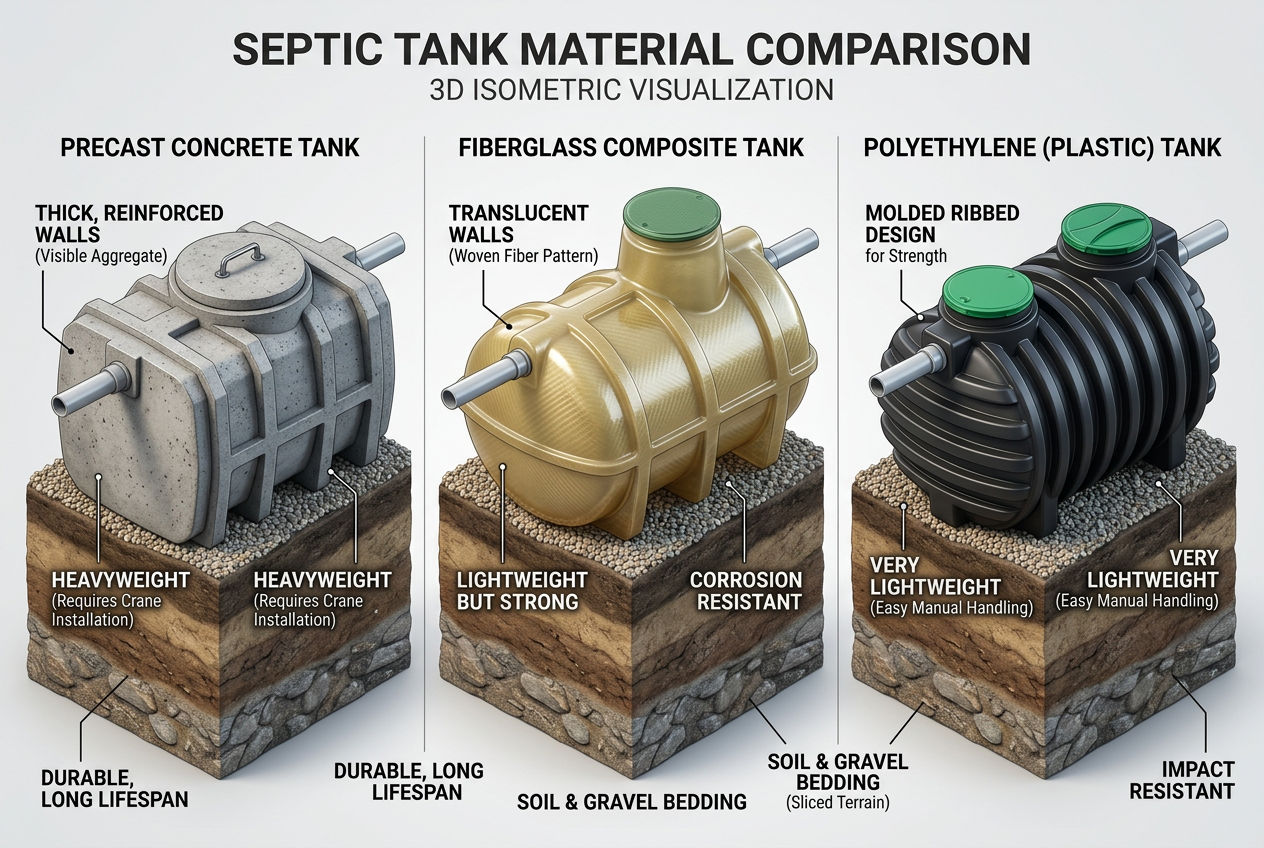 3D comparison of three septic tank materials: concrete, fiberglass, and polyethylene plastic side by side