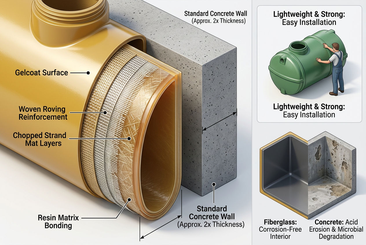 3D close-up cutaway of fiberglass septic tank wall showing composite layers compared to thicker concrete wall