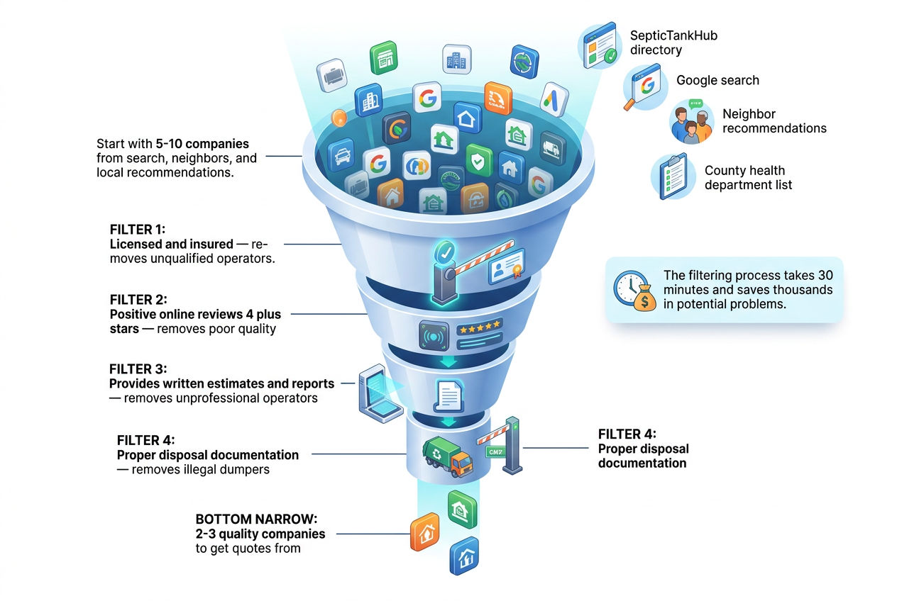 3D funnel diagram showing how to filter and find a quality septic pumping company from initial search to final selection