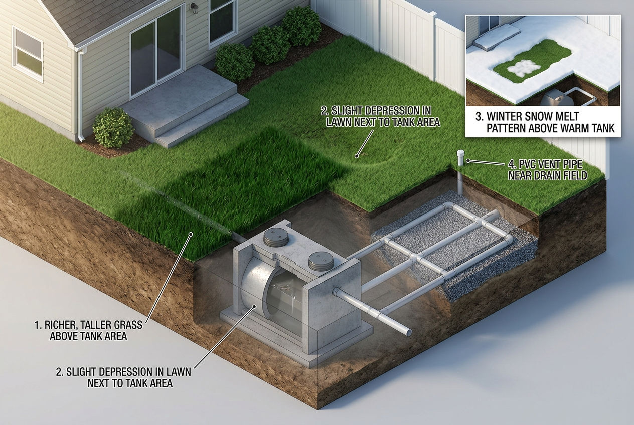 Backyard visual clues for finding a septic tank including green grass depression snow melt pattern and vent pipe