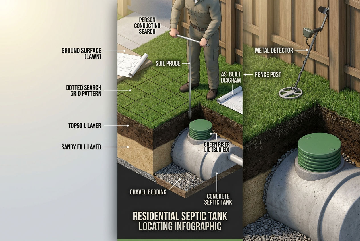 3D isometric cutaway showing how to find a buried septic tank lid using probing and soil layers