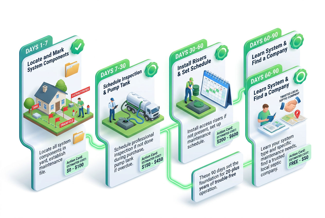 3D 90-day timeline for new rural property owners showing septic system setup milestones
