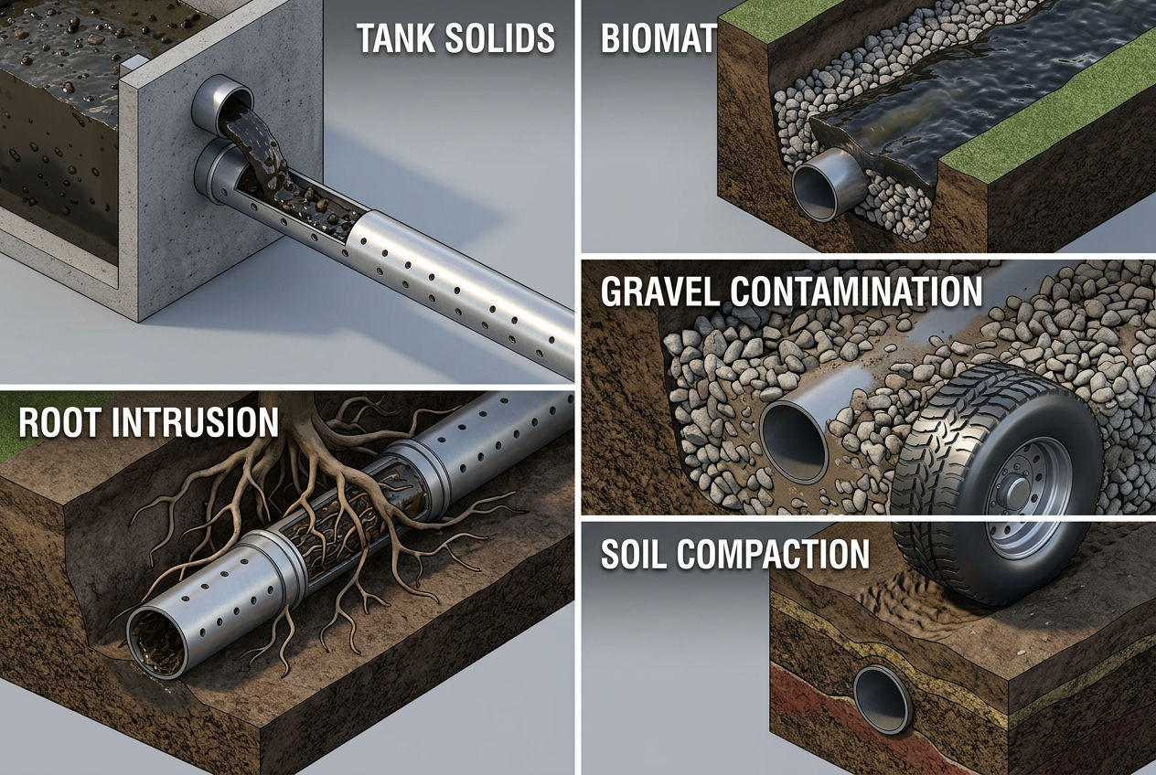 Five-panel diagram showing causes of drain field clogs including tank solids biomat roots gravel contamination and soil compaction