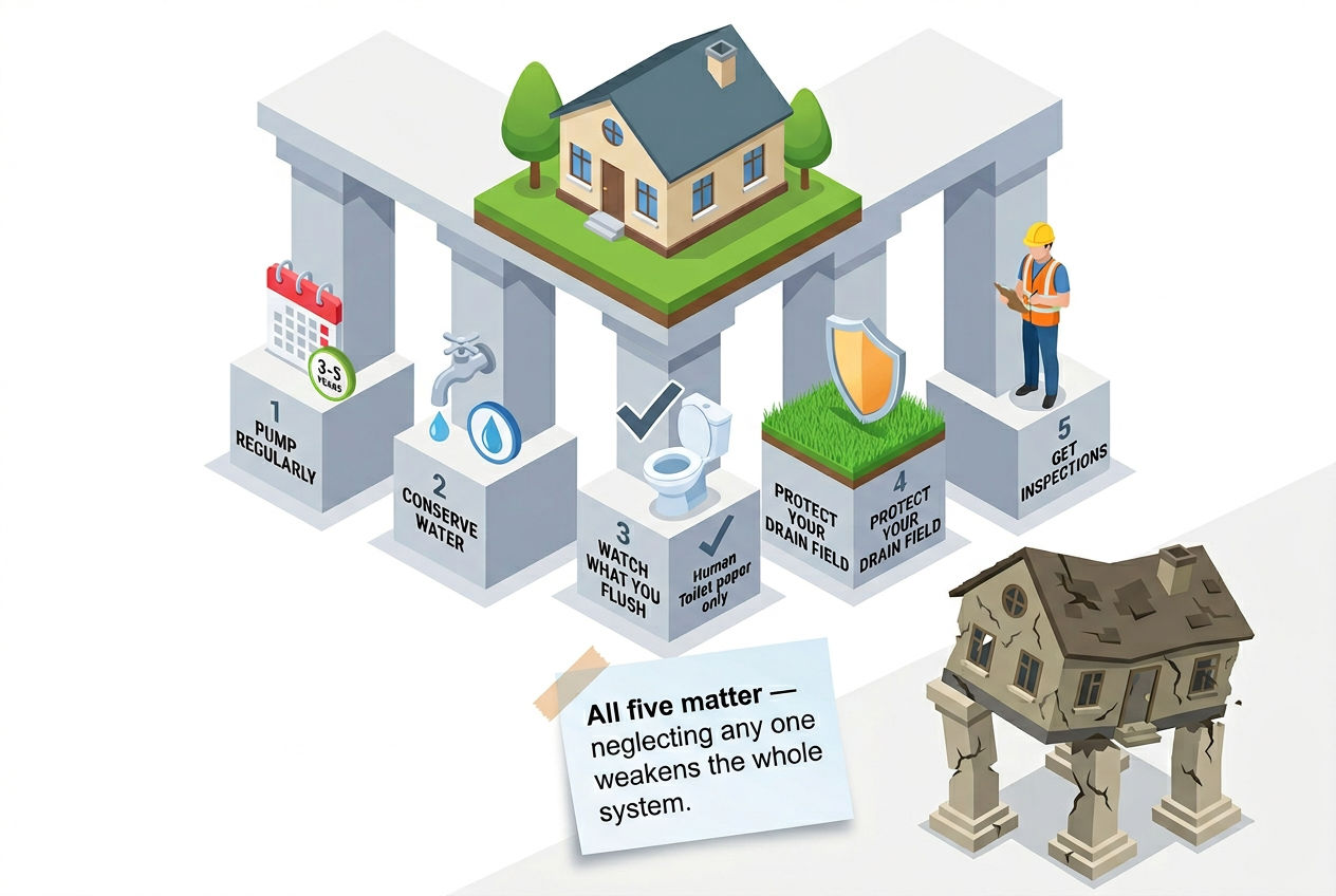 3D five-pillar diagram showing essential practices for maintaining septic system health
