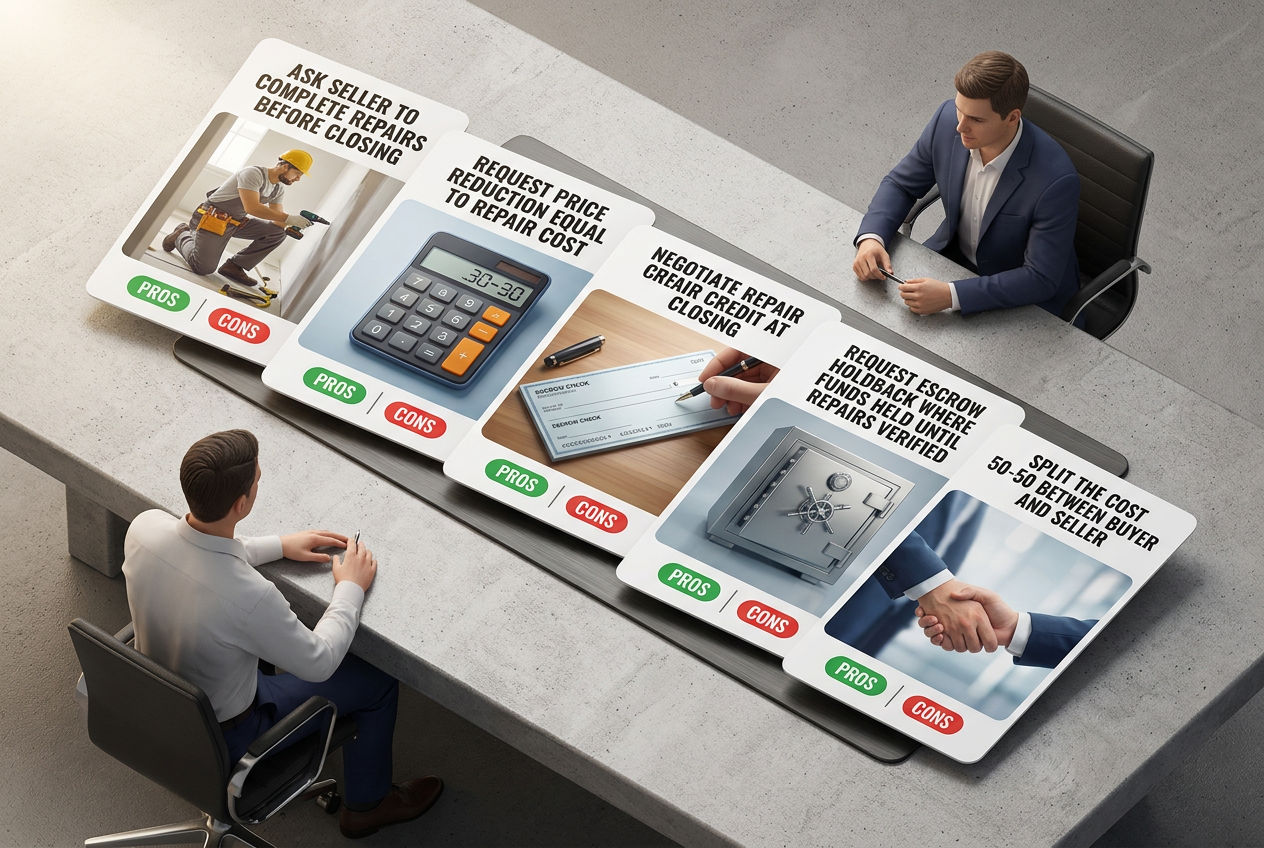 3D five negotiation strategy cards: seller repairs, price reduction, closing credit, escrow holdback, and 50-50 cost split