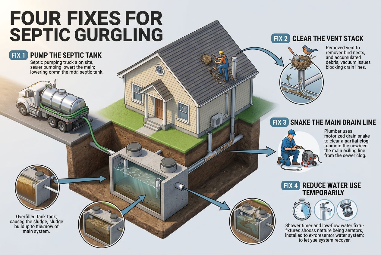 3D four solutions for septic gurgling: pump tank, clear vent stack, snake drain line, and reduce water use