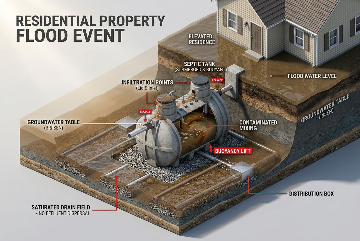 3D cutaway showing a septic system during flood conditions with water infiltration and tank displacement