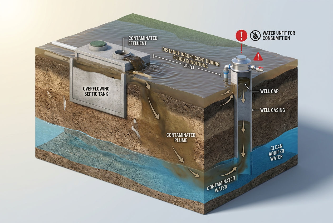 3D cross-section showing flood water carrying septic contamination through soil to a nearby well