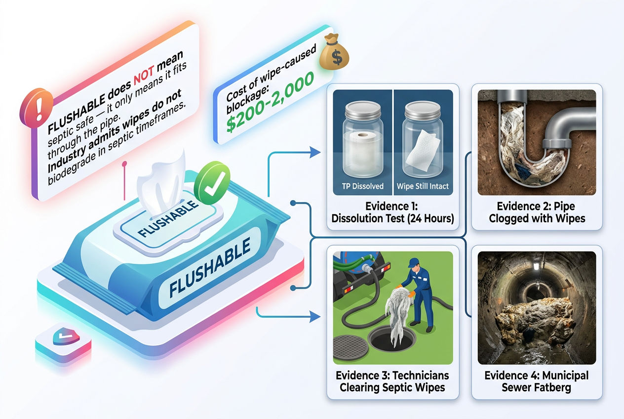 3D myth-busting evidence showing flushable wipes do not dissolve and cause septic system blockages