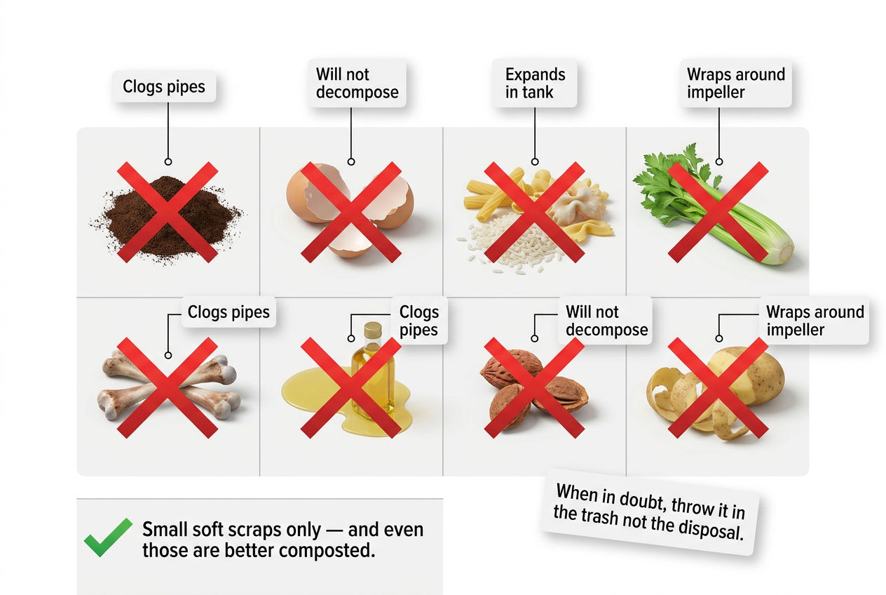 3D grid of food items that should never go through a garbage disposal in homes with septic systems
