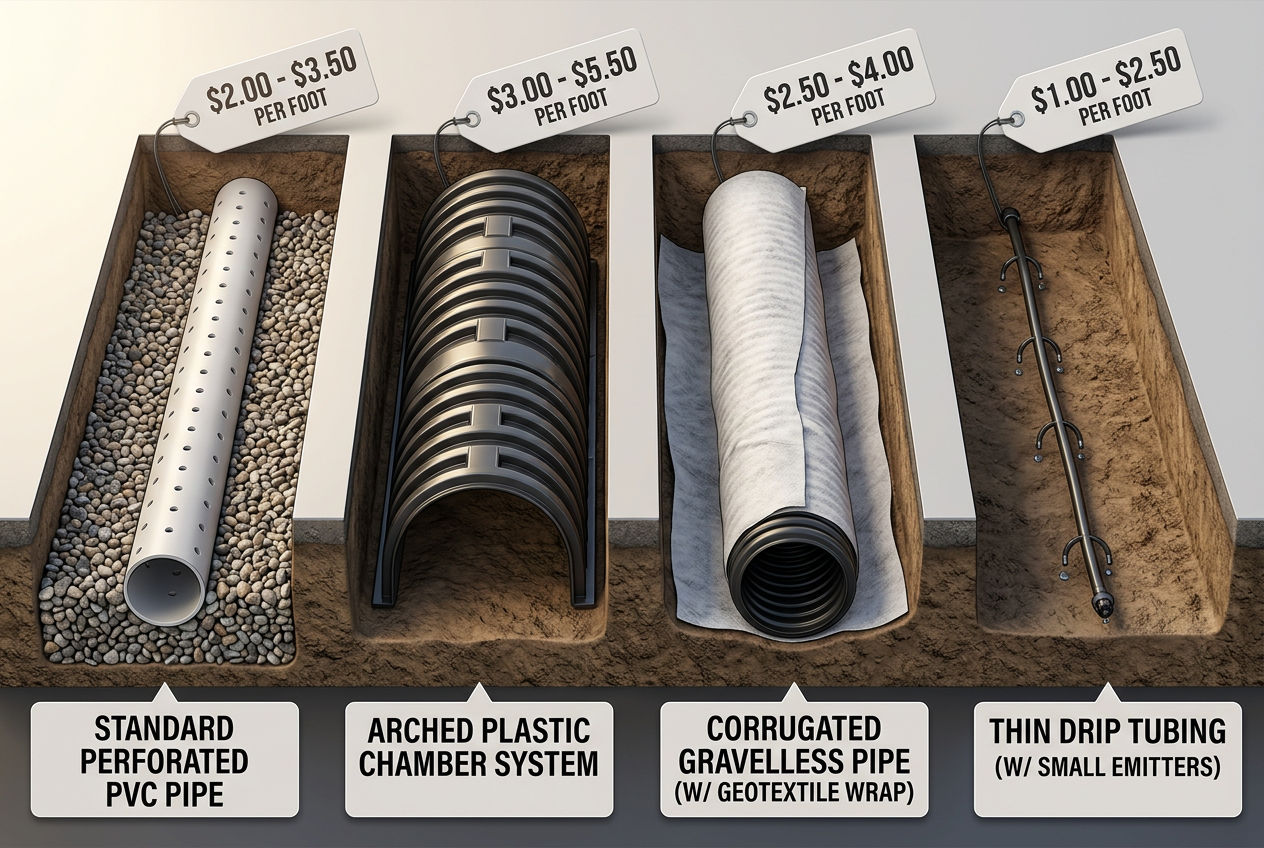 Four types of septic field lines compared showing PVC pipe chambers gravelless pipe and drip tubing with costs