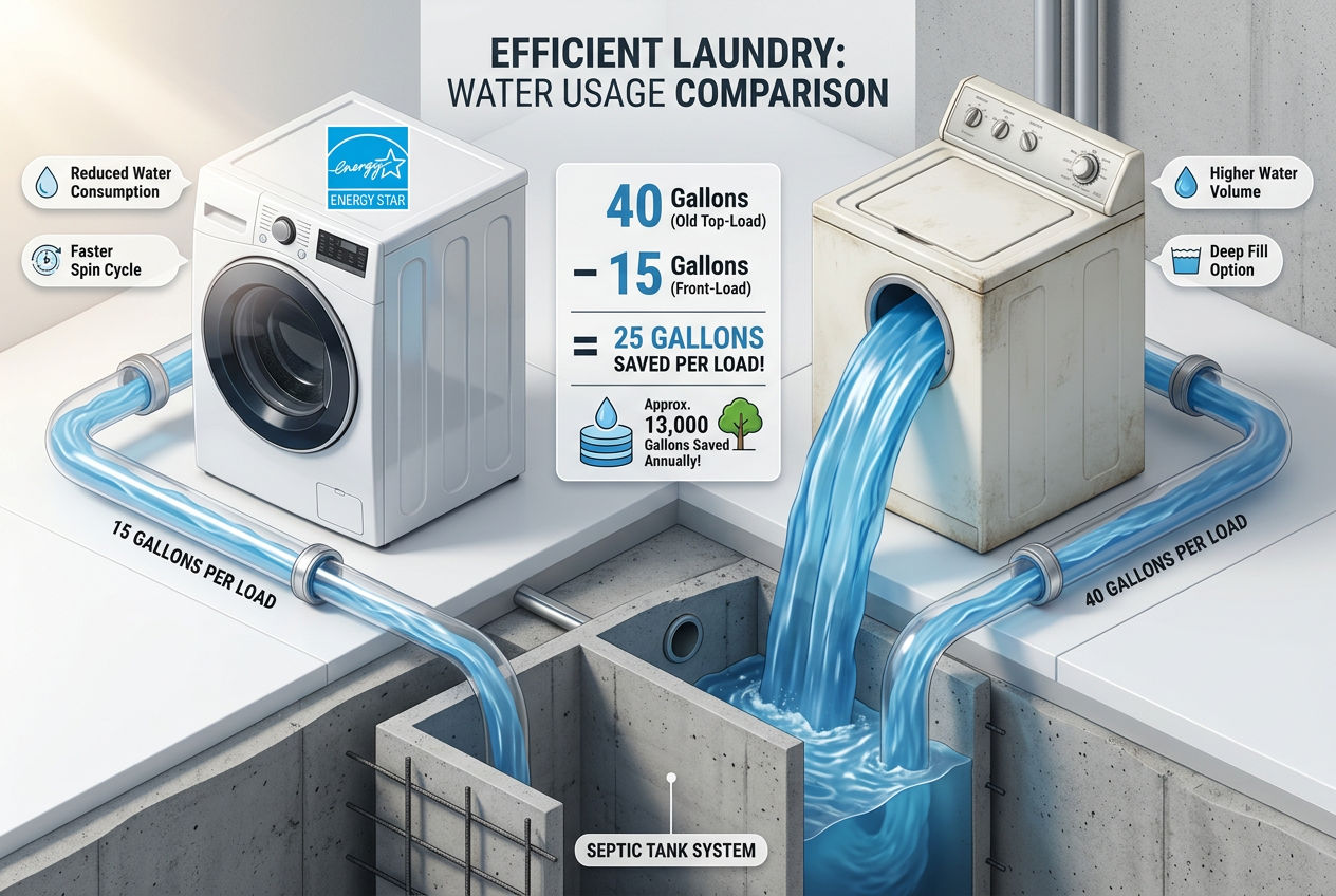 3D comparison of front-load washer using 15 gallons versus top-load using 40 gallons per load flowing into septic tank