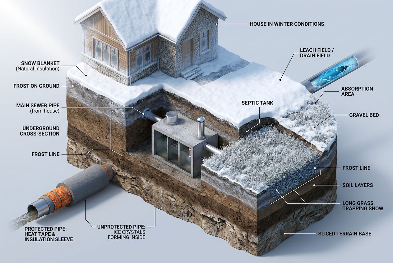 3D cutaway showing frozen vs protected septic pipes in winter with heat tape insulation and snow cover