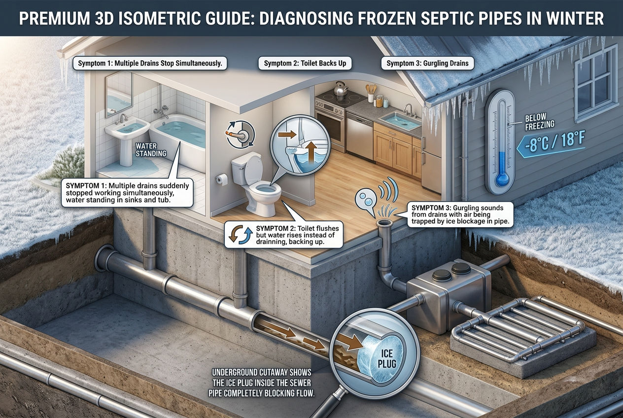 3D winter house scene showing three symptoms of frozen septic pipe: stopped drains, toilet backup, and gurgling sounds