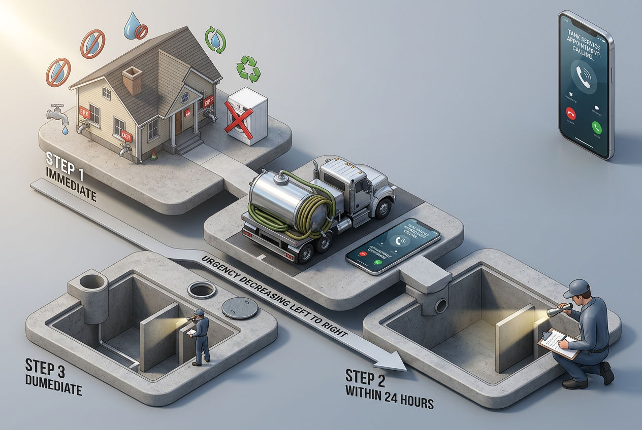 Three-step action plan for dealing with a full septic tank showing water reduction scheduling and professional inspection