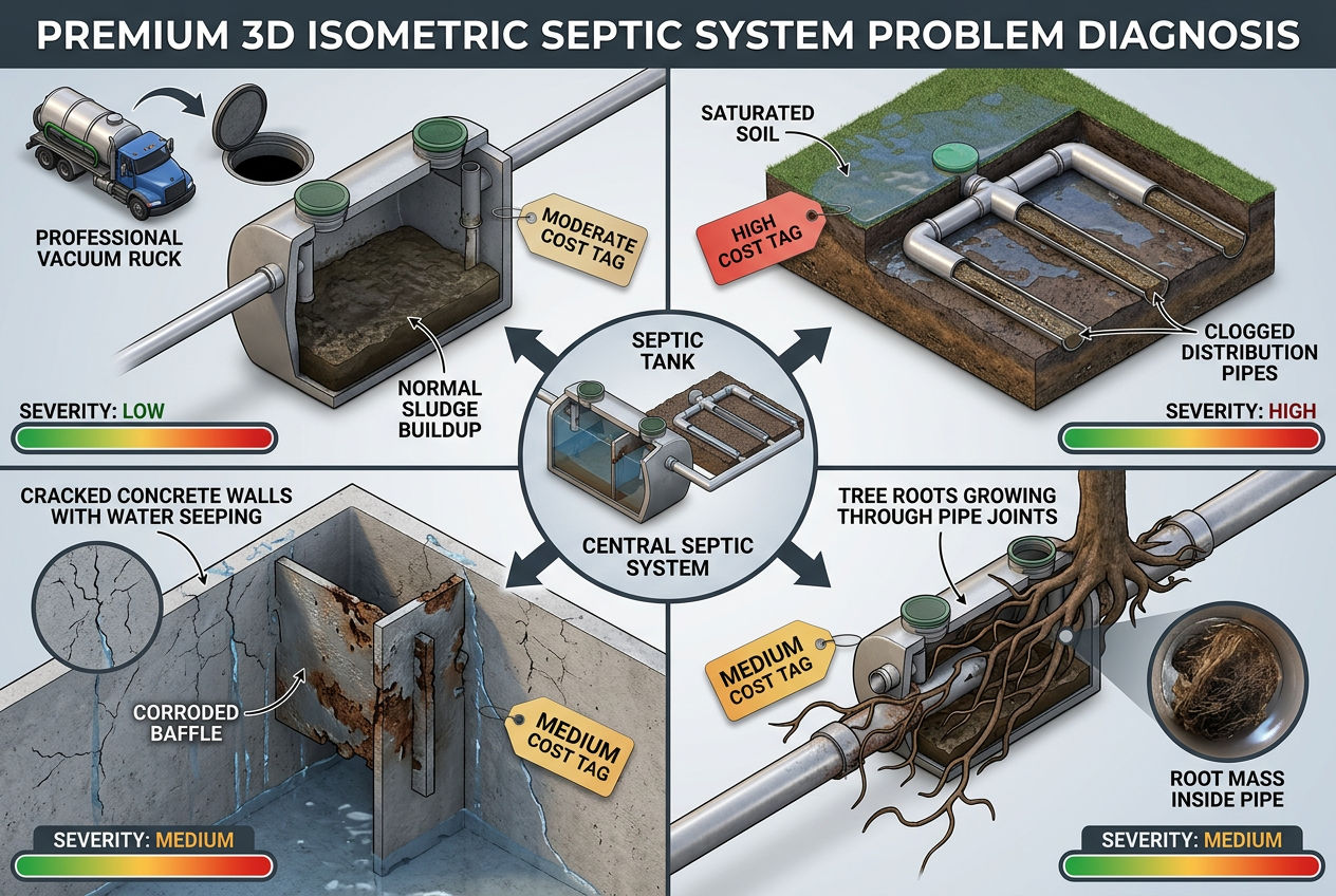 Four scenarios when a full septic tank indicates bigger problems showing drain field failure tank damage and root intrusion