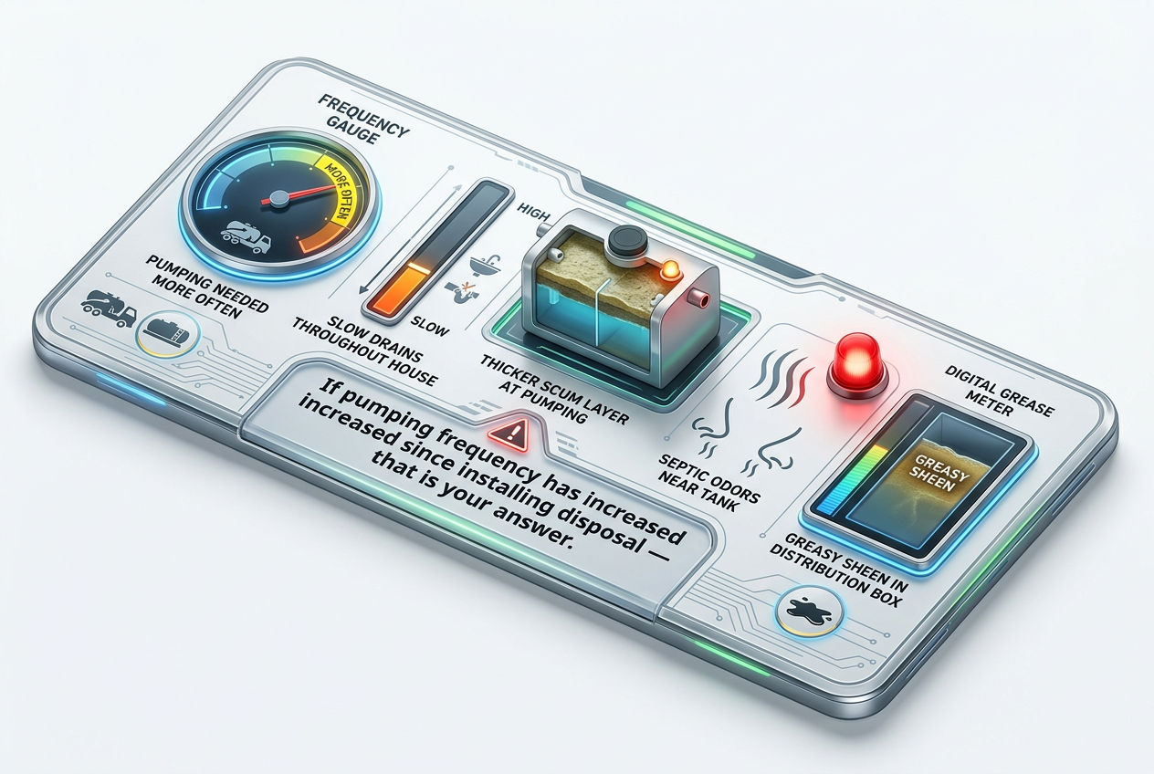 3D warning dashboard showing five signs that a garbage disposal is negatively impacting a septic system
