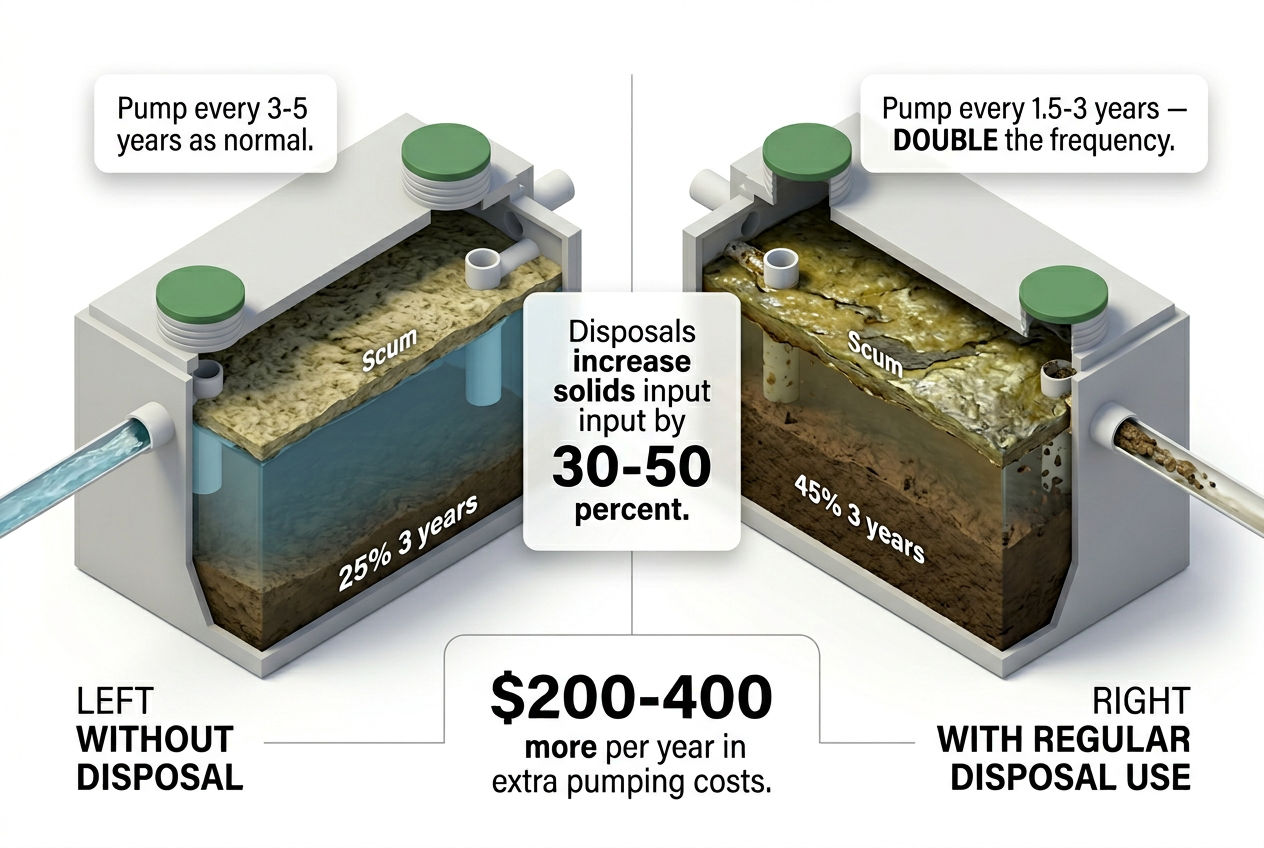 3D comparison of septic tank sludge levels with and without garbage disposal use showing 30-50 percent more solids
