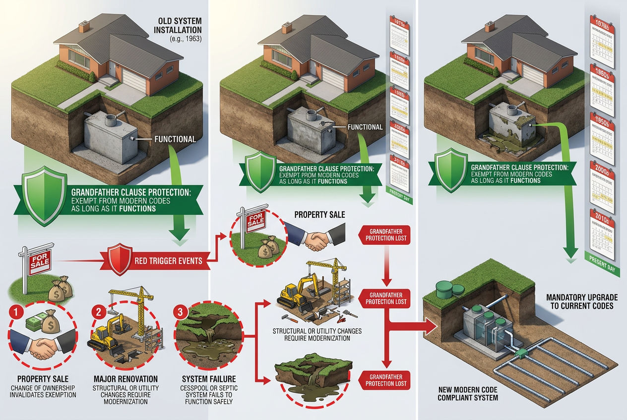3D scene showing grandfathered old septic system protected until trigger events like sale, renovation, or failure require upgrade