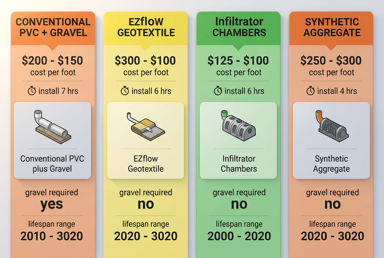 Comparison chart of four drain field systems showing cost installation time and lifespan for conventional gravel EZflow chambers and synthetic aggregate