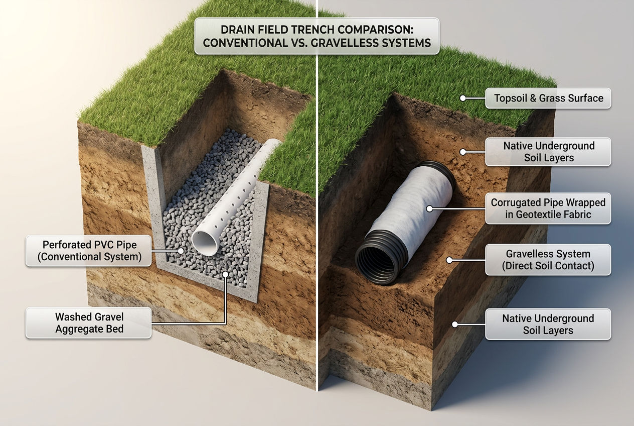 Cross-section comparison of conventional gravel drain field trench versus gravelless geotextile-wrapped pipe system