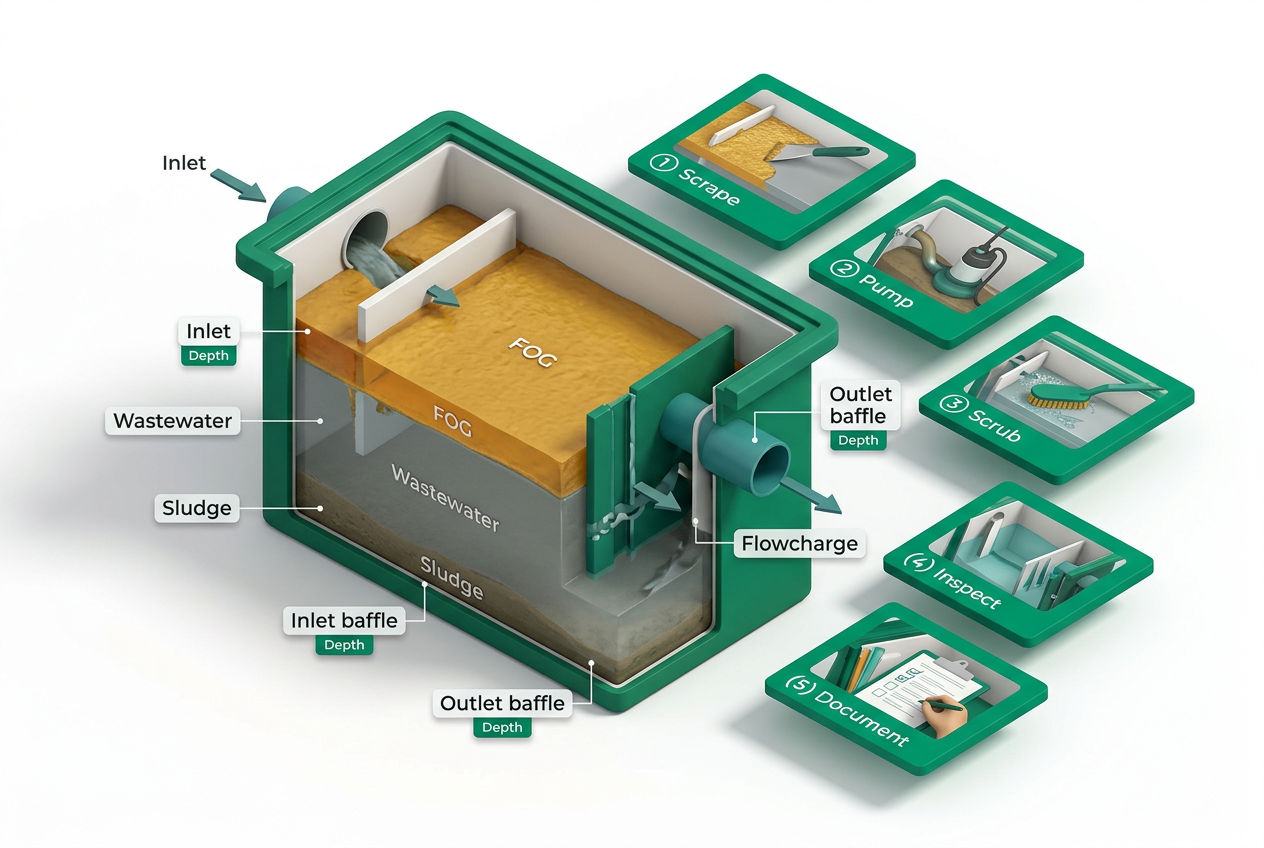 3D isometric cutaway of a grease trap showing FOG layer, water chamber, baffle walls, and outlet pipe with labeled flow arrows.