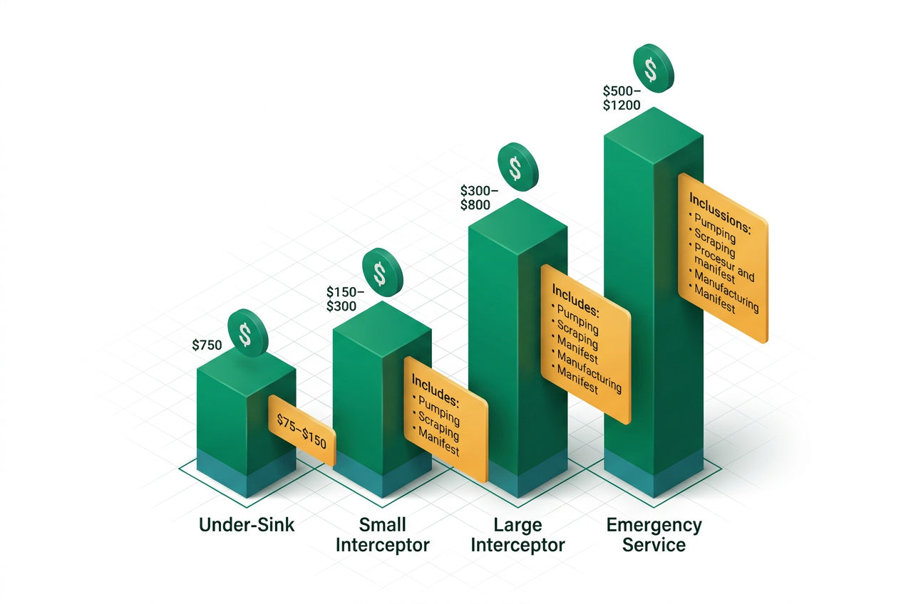 3D isometric cost breakdown showing price ranges for small, medium, large grease traps and in-ground interceptors with service fee icons.