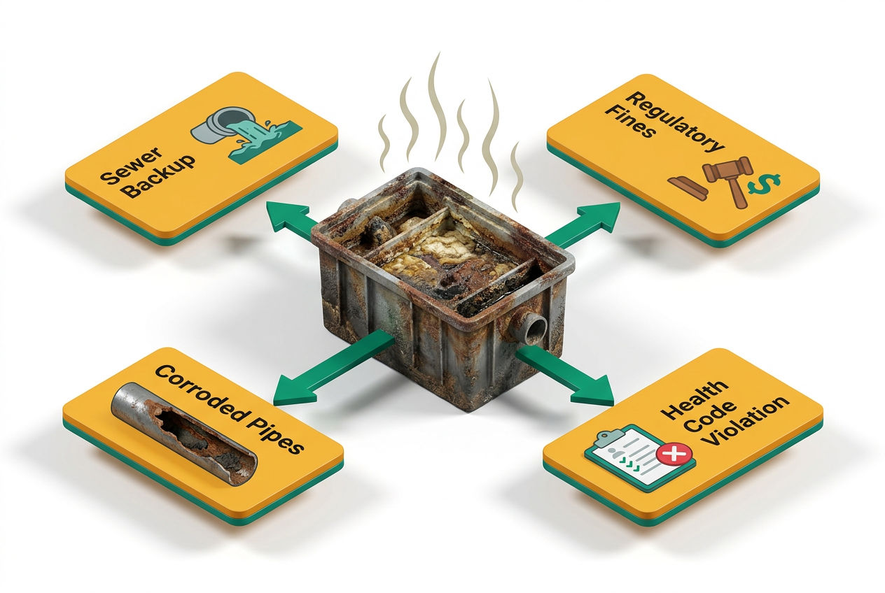 Isometric warning infographic showing four consequences of skipping grease trap cleaning: sewer backup, fines, pipe damage, and health violations.