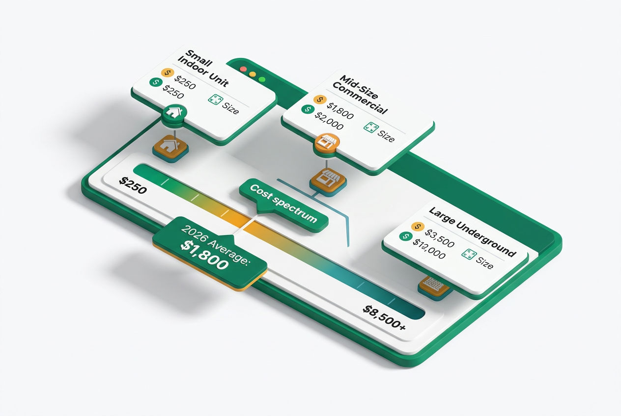 3D isometric dashboard showing grease trap installation cost ranges for 2026, from $250 to $8,500+, with floating price cards.