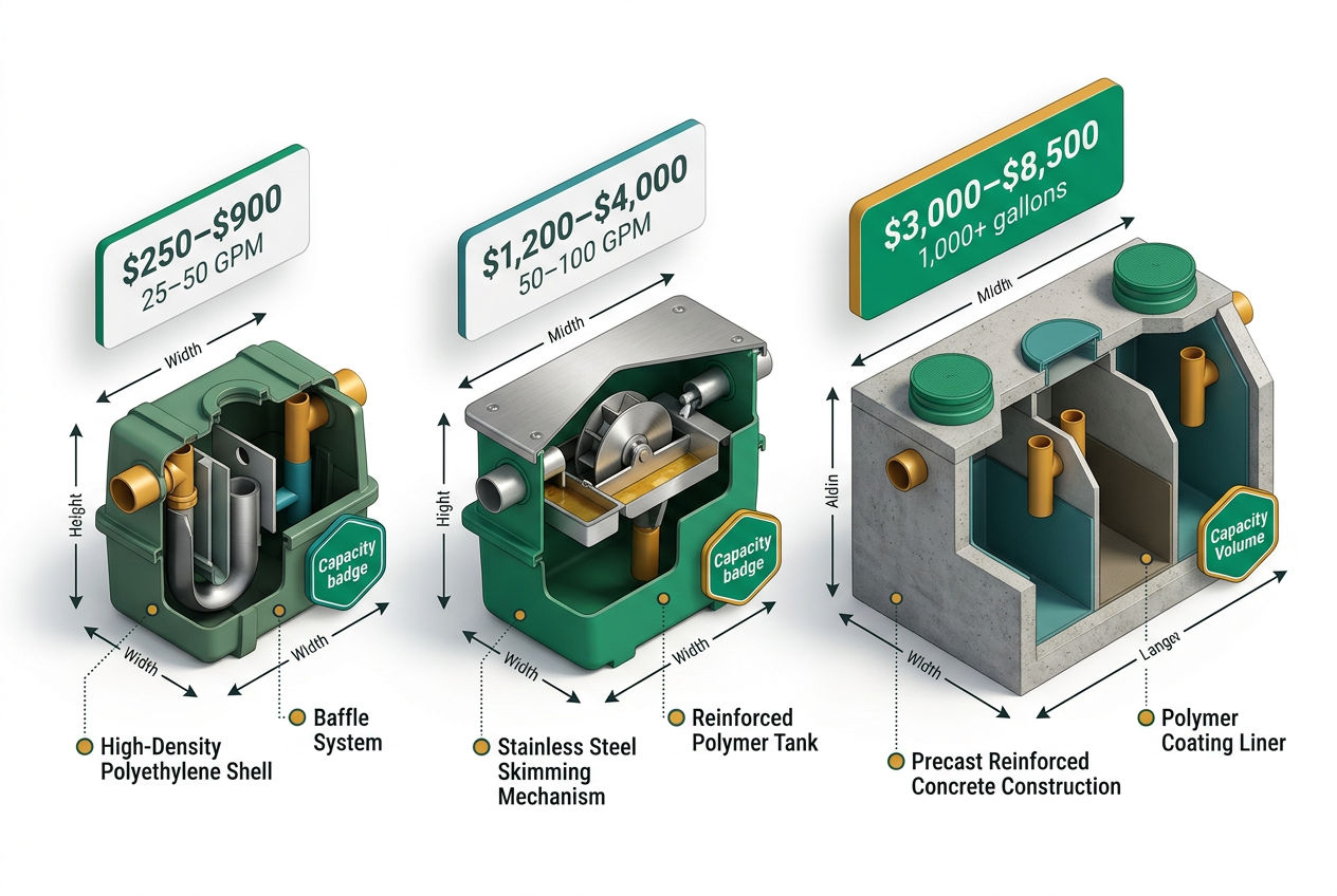 Isometric comparison of three grease trap types—passive hydromechanical, automatic, and gravity interceptor—with size and cost labels.