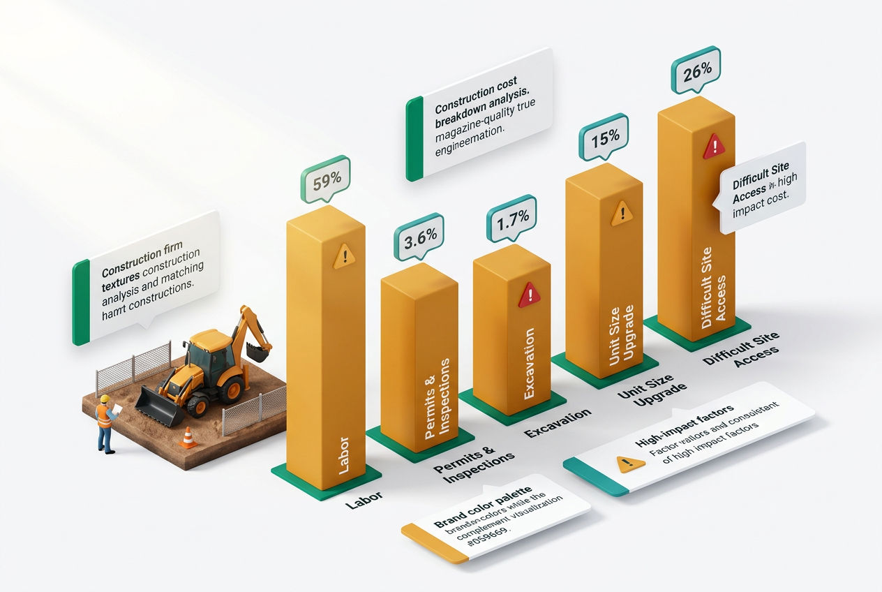 Isometric cost-driver diagram showing labor, permits, excavation, grease trap size, and access difficulty as stacked cost bars.