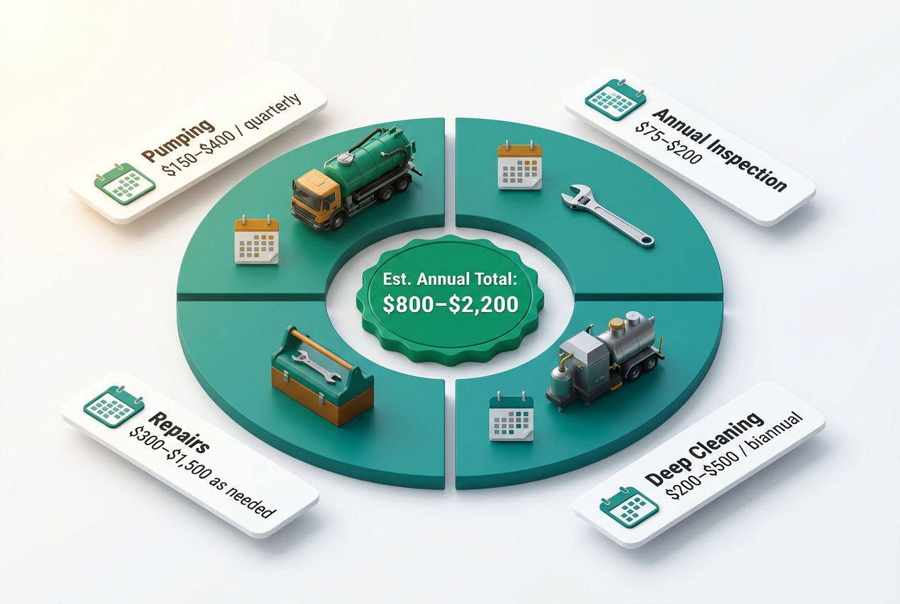 Isometric annual cost cycle wheel showing pumping, inspection, cleaning, and repair ongoing grease trap expenses with frequency labels.