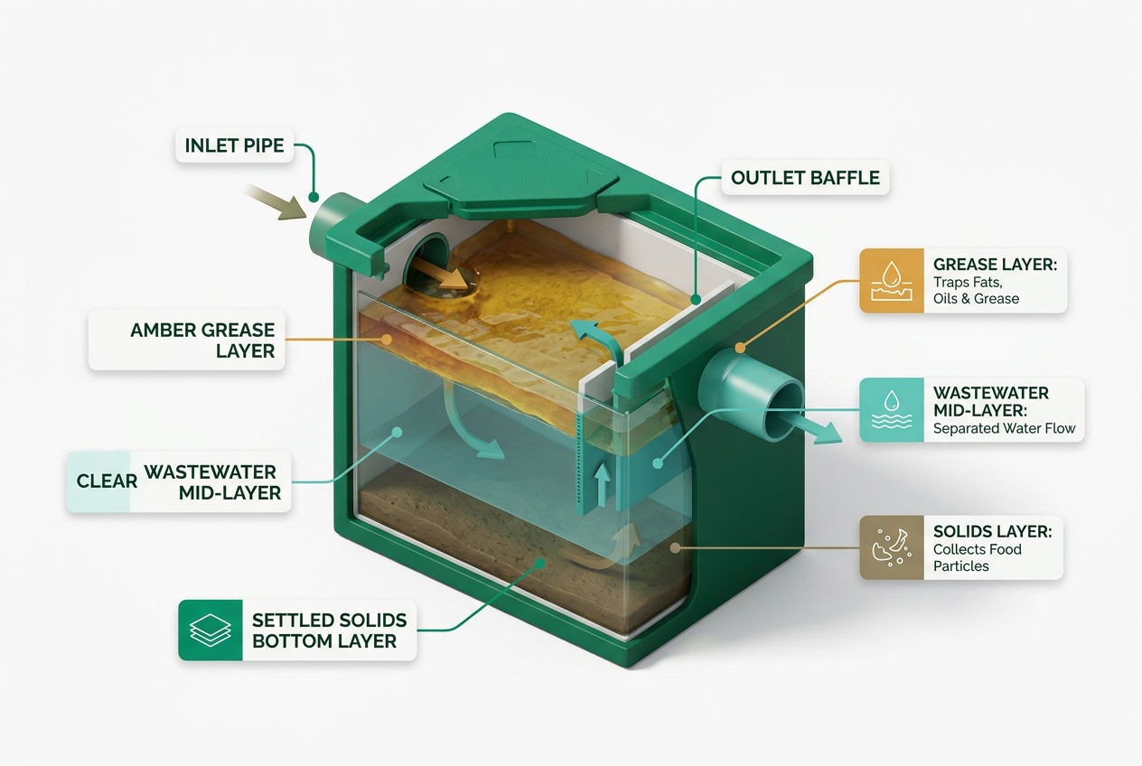 3D isometric cutaway diagram of a grease trap showing inlet, grease layer, water layer, outlet, and flow direction labels.