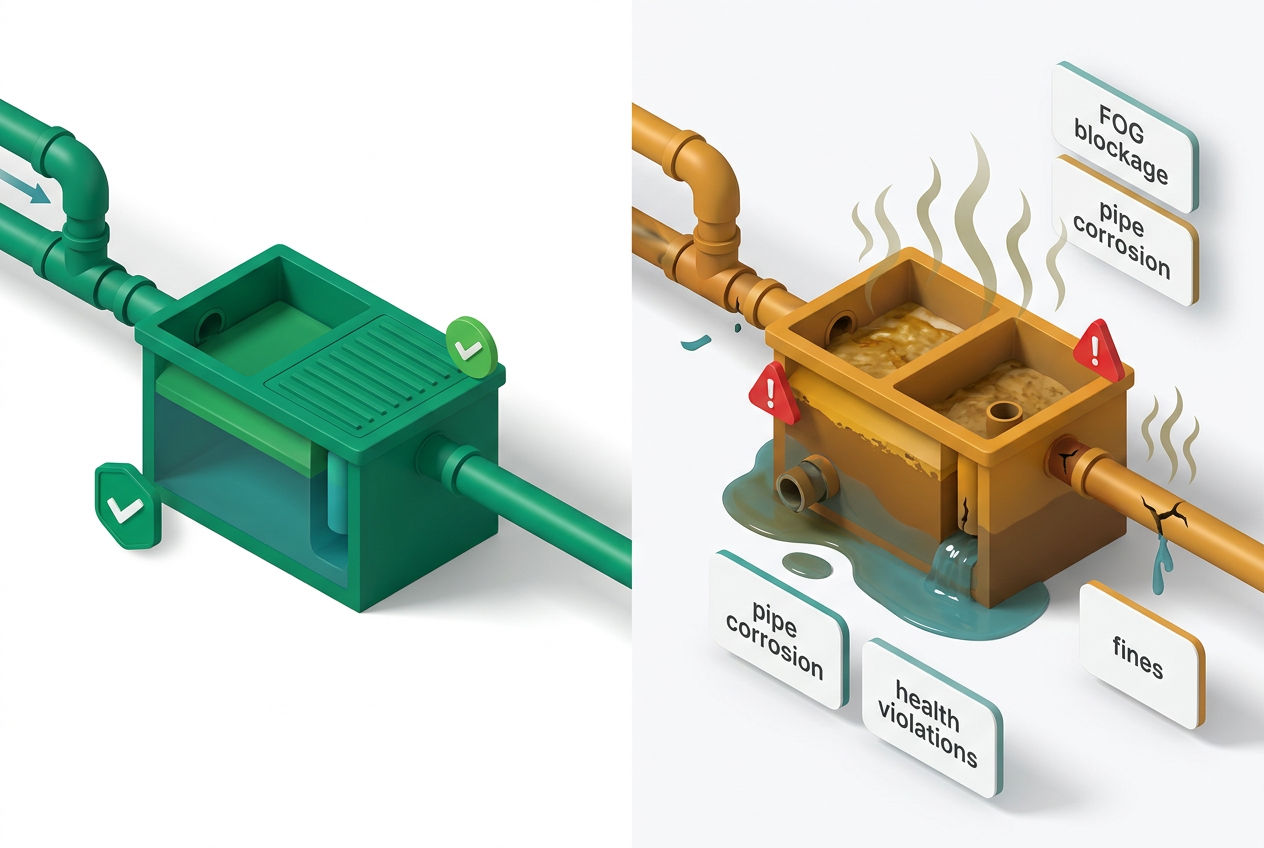 Split-panel isometric comparison showing a well-maintained grease trap versus a clogged, overflowing neglected trap with warning icons.