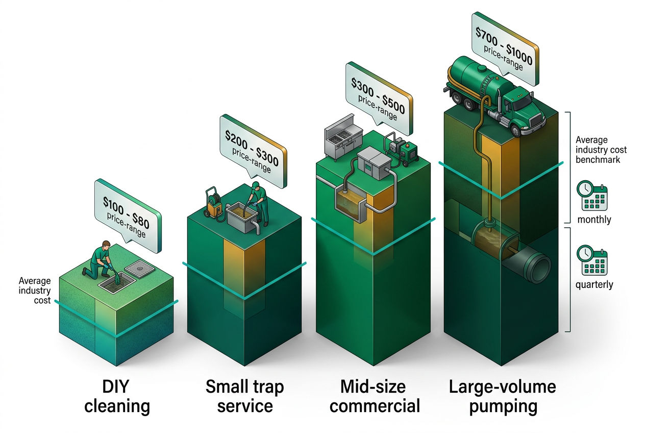 Isometric bar chart comparing grease trap maintenance costs: DIY, small restaurant, large commercial, with floating cost-range cards.