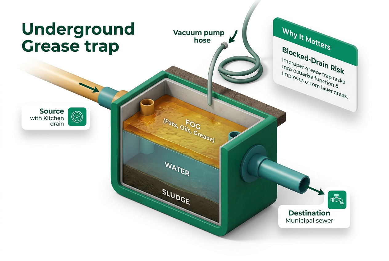 3D isometric cutaway of a grease trap showing FOG layer, water layer, sludge layer, inlet and outlet pipes with labels.
