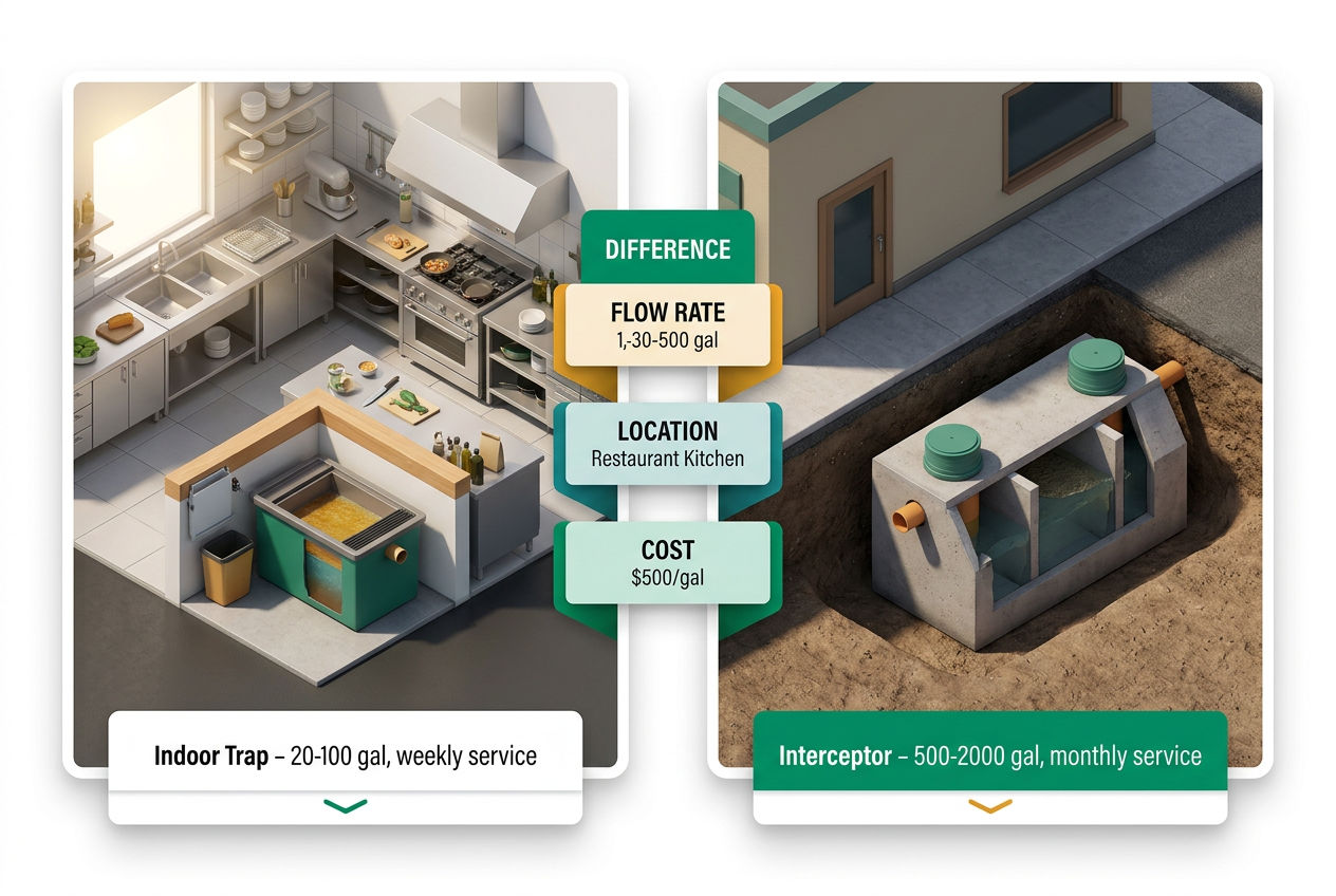 Side-by-side 3D isometric comparison of a small indoor grease trap versus a large underground grease interceptor with size and capacity labels.