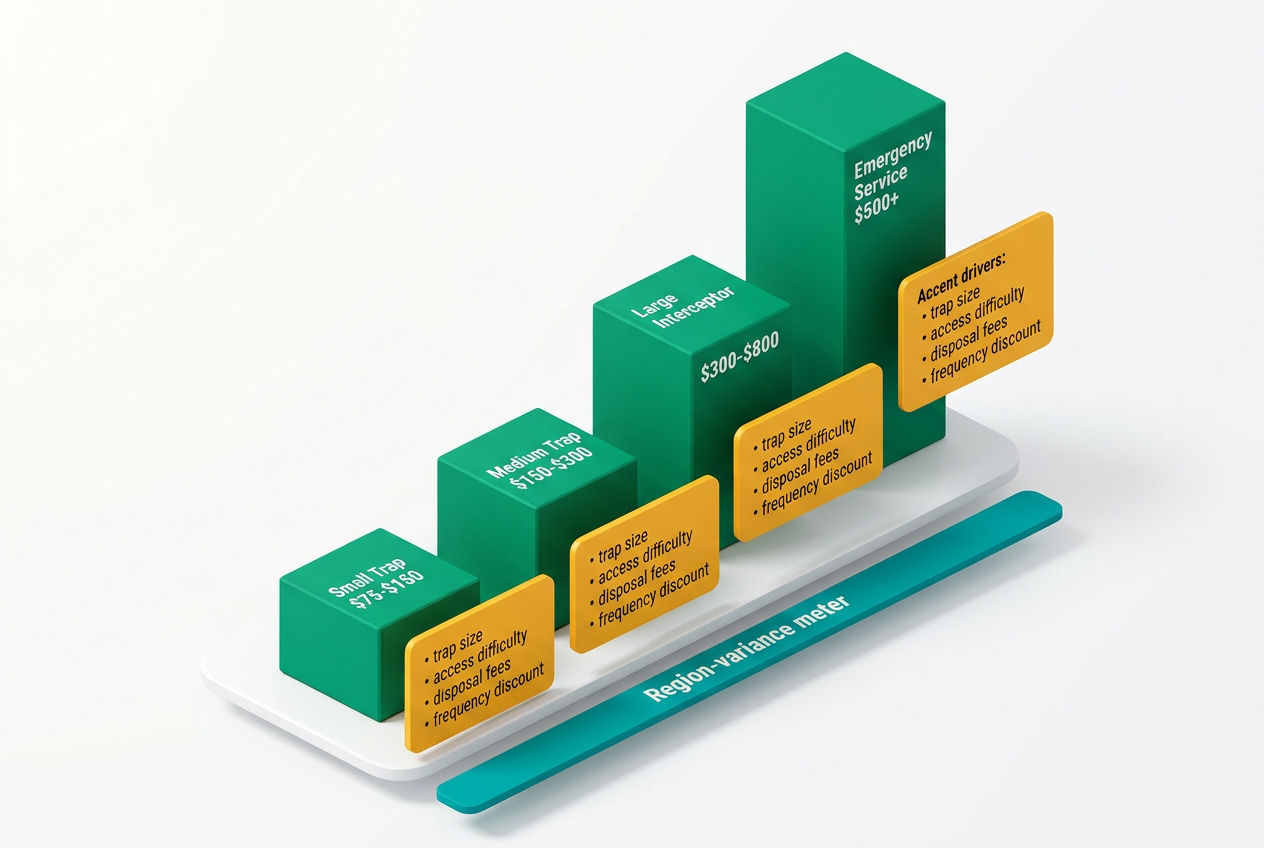Isometric bar chart and cost breakdown cards showing grease trap pumping price ranges by trap size, frequency, and region.