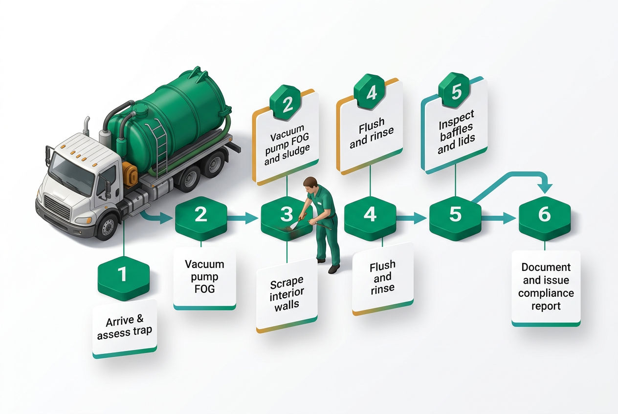 Six-step isometric process flow showing a technician pumping, scraping, inspecting, and documenting a grease trap service visit.