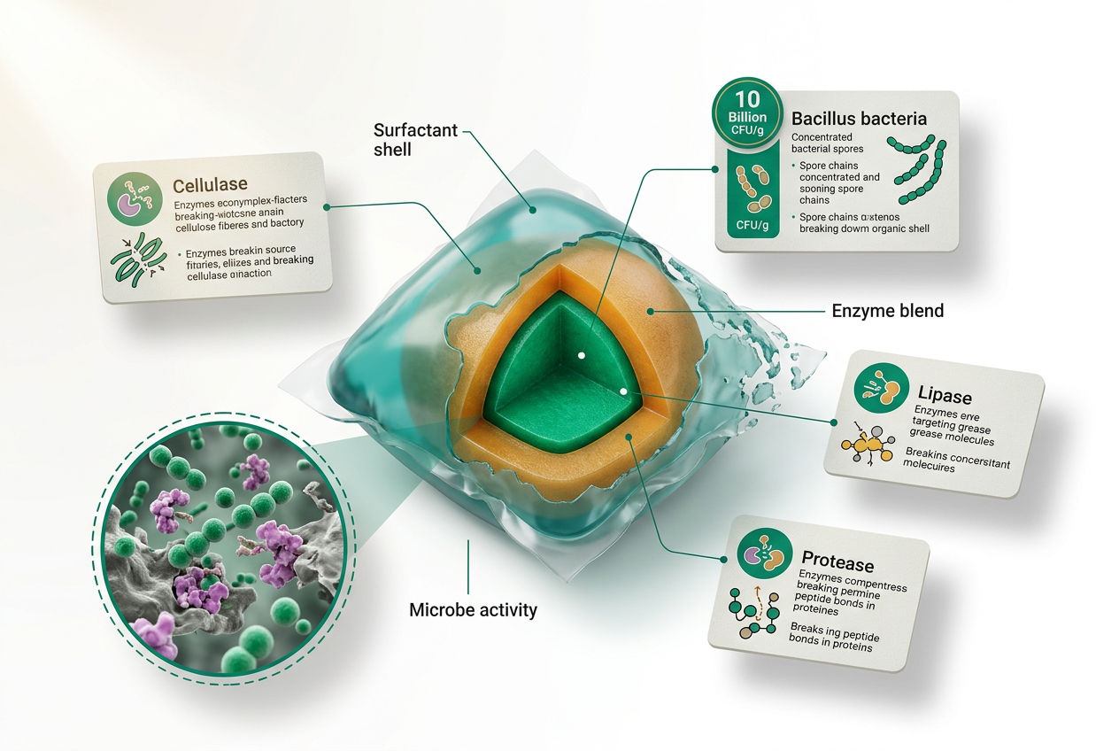 3D isometric cutaway of a Green Gobbler septic pod showing enzyme and bacteria layers with labeled ingredient panels.