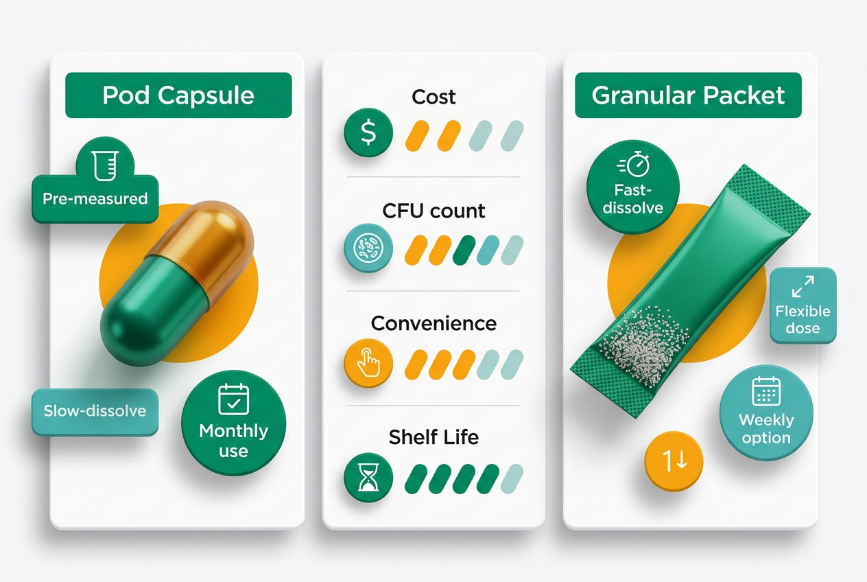 Side-by-side isometric comparison chart of Green Gobbler pods versus packets showing format, dosage, dissolve speed, and cost differences.