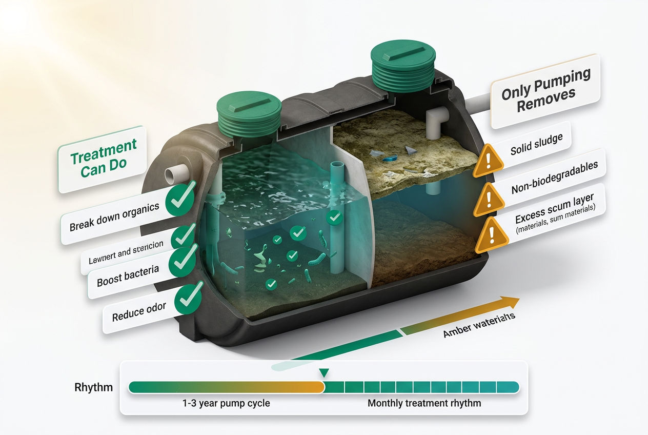Isometric infographic showing what septic treatments can and cannot do versus professional pumping, with a cross-section tank diagram.
