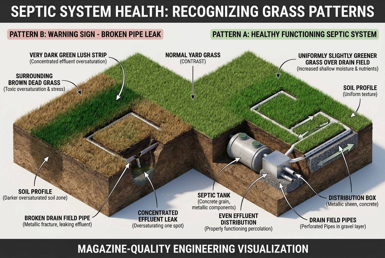 3D scene comparing normal green grass over healthy drain field versus alarming dark green strip from leaking pipe