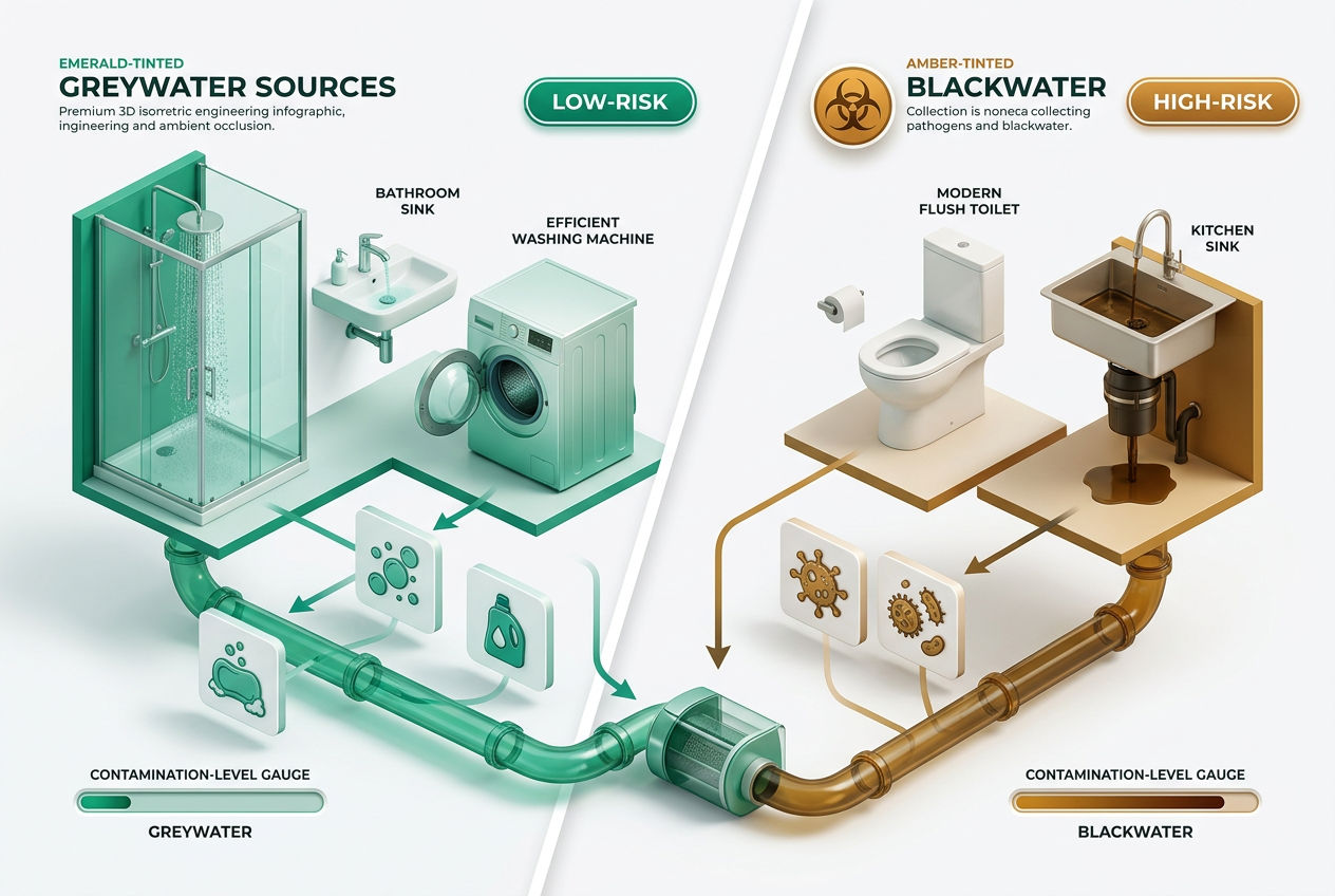 3D isometric split diagram comparing greywater sources like sinks and showers versus blackwater from toilets, with contamination level indicators.