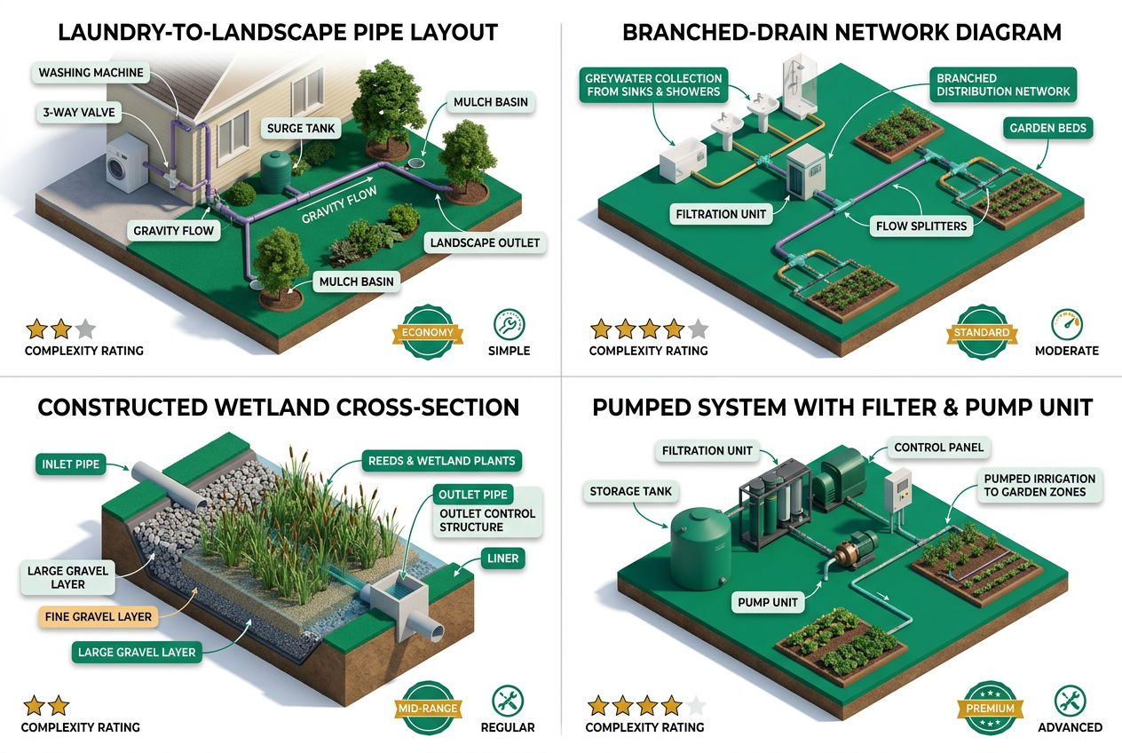 Isometric grid comparing four greywater system types: laundry-to-landscape, branched drain, constructed wetland, and pumped systems.