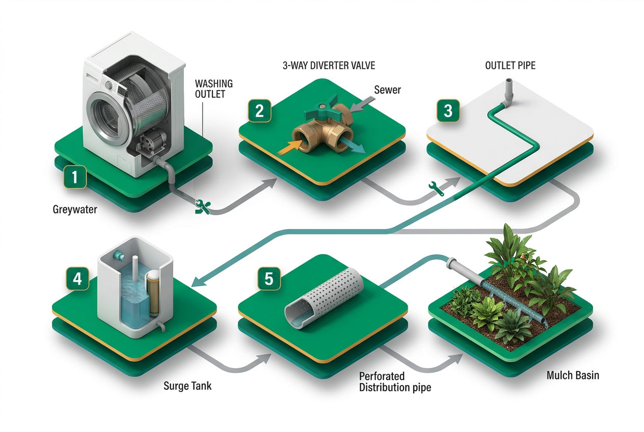 Step-by-step isometric flow diagram showing washing machine diverter valve installation through mulch basin delivery for a greywater system.