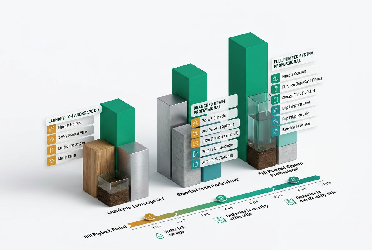 Isometric cost comparison chart showing DIY versus professional greywater system installation costs with component price breakdowns.