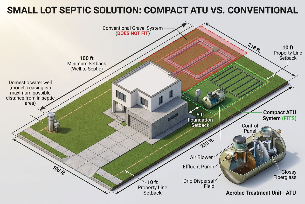 3D half-acre lot showing compact ATU system fitting within setbacks versus conventional system exceeding property boundaries