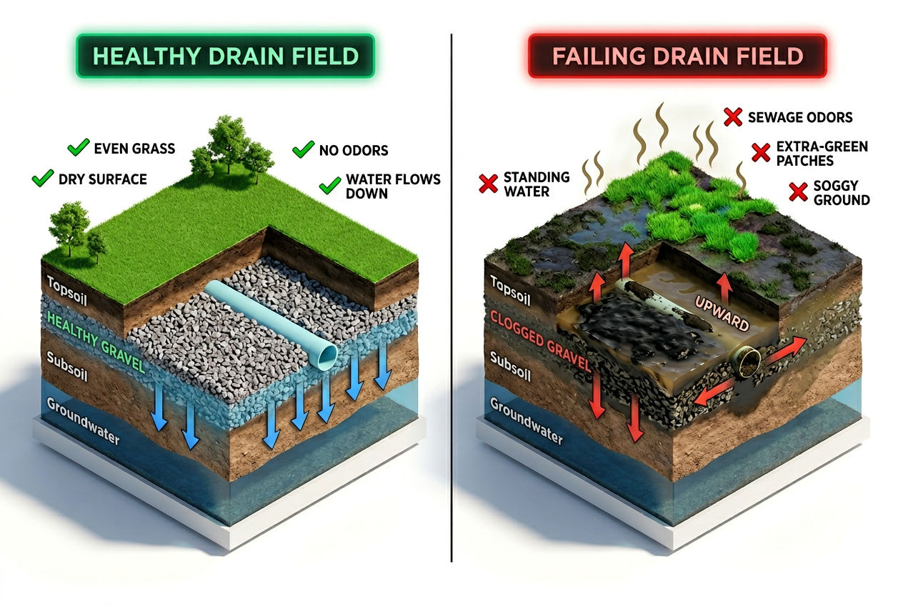 3D side-by-side comparison of healthy drain field with normal drainage versus failing drain field with surface pooling