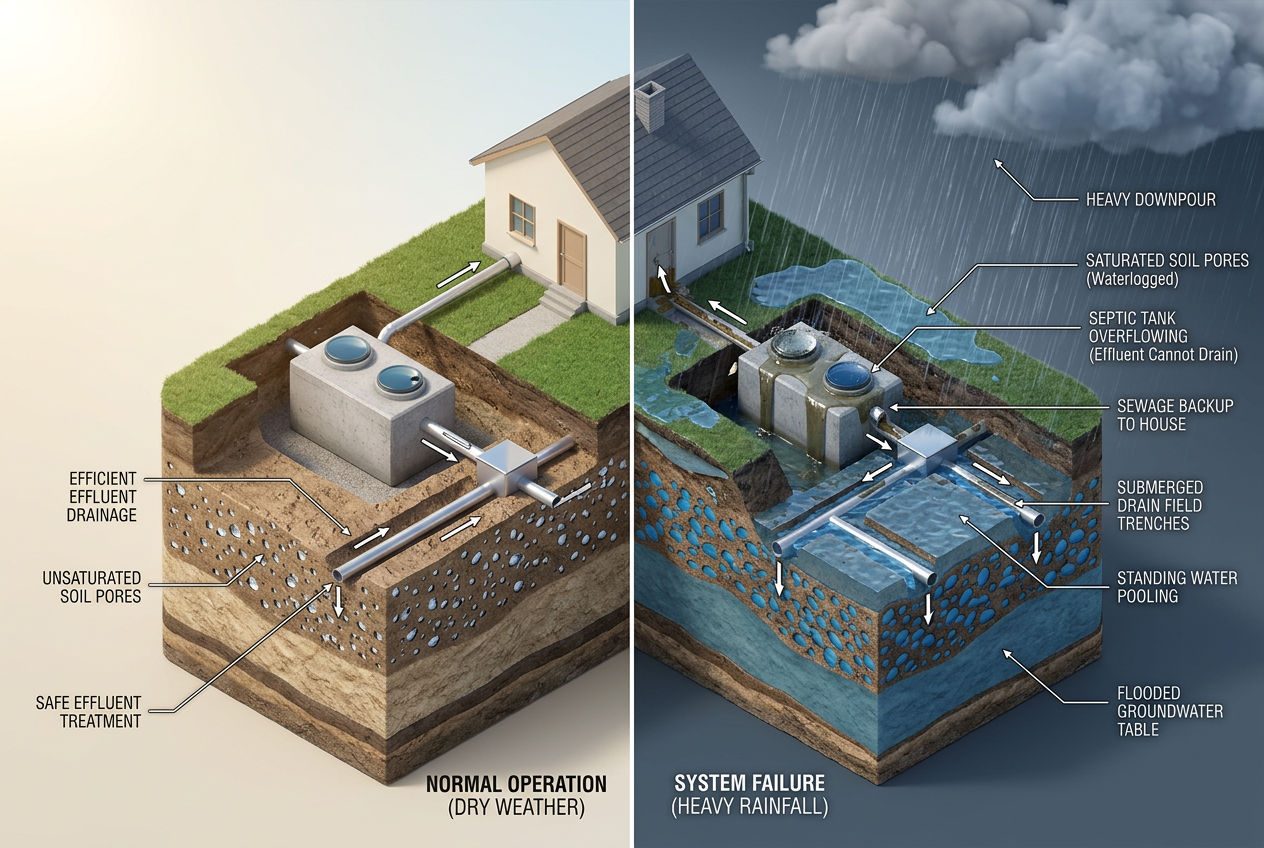 3D cutaway showing a septic system overwhelmed by heavy rain with waterlogged drain field and sewage backup